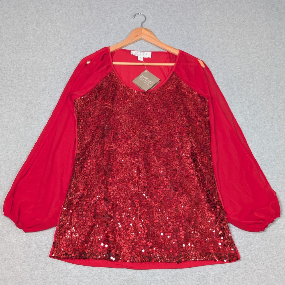 American Glamour Badgley Mischka Blouse Medium Red Sequin Sheer Sleeve New